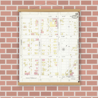 Old map wall art mockup — magnetic wood frame on brick wall — Sanborn Fire Insurance Map from Keokuk, Lee County, Iowa (1893), Sheet #0012
