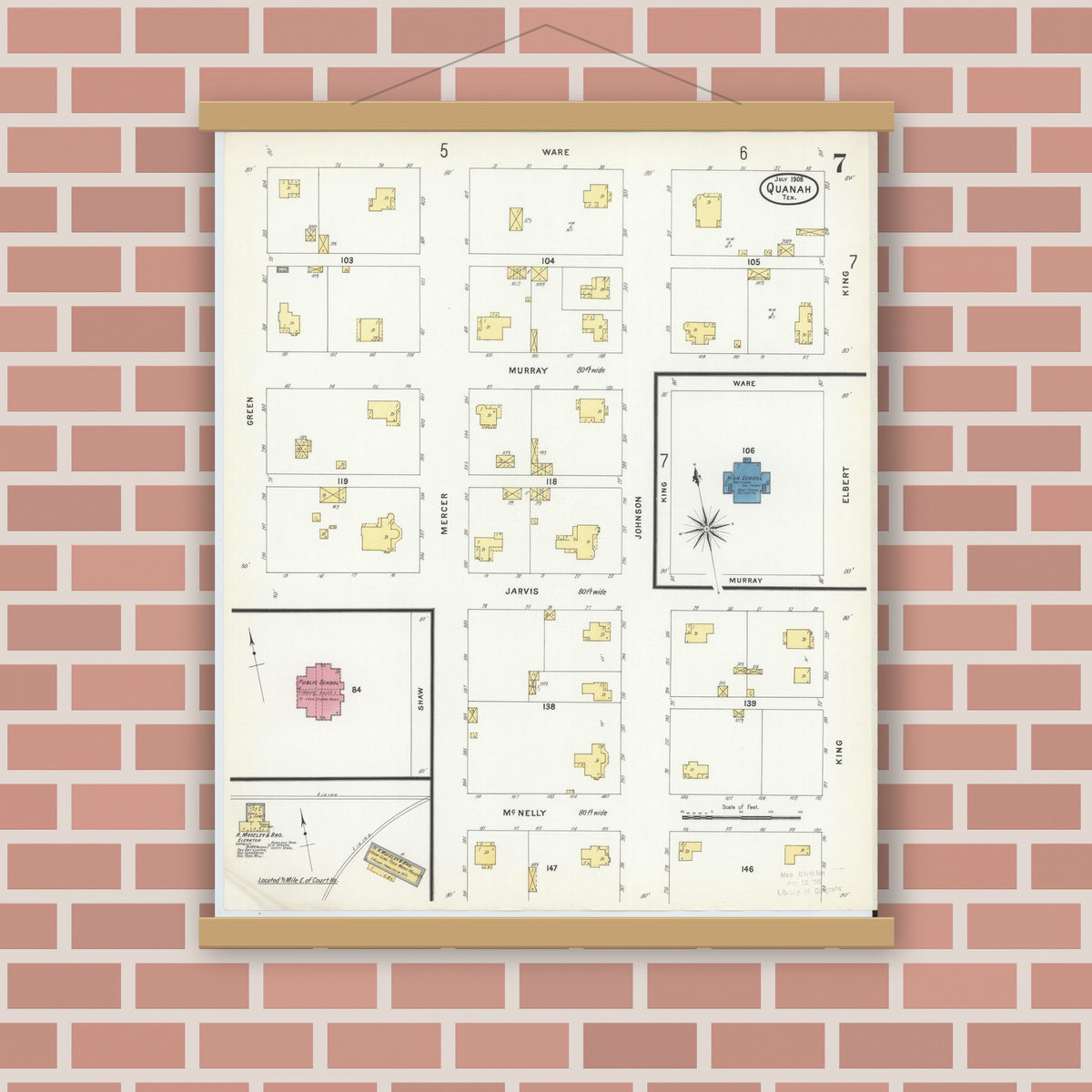 Old map wall art mockup — magnetic wood frame on brick wall — Sanborn Fire Insurance Map from Quanah, Hardeman County, Texas (1908), Sheet #0007
