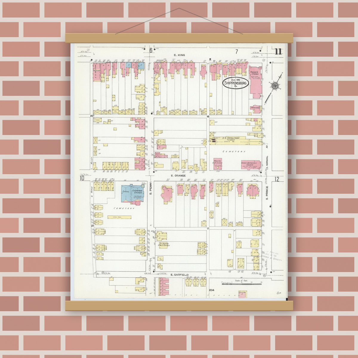 Old map wall art mockup — magnetic wood frame on brick wall — Sanborn Fire Insurance Map from Shippensburg, Cumberland And Franklin Counties, Pennsylvania (1910), Sheet #0011