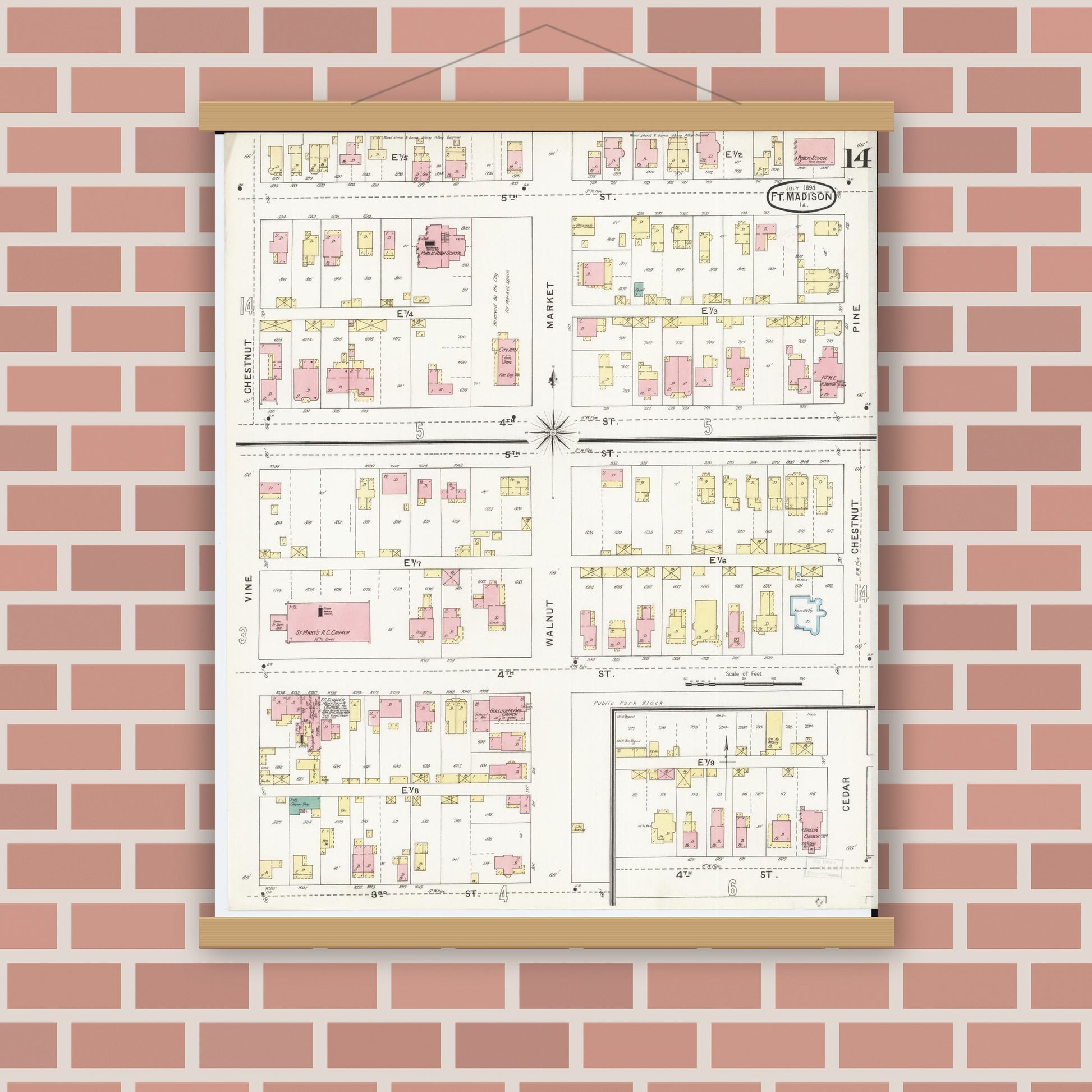 Old map wall art mockup — magnetic wood frame on brick wall — Sanborn Fire Insurance Map from Fort Madison, Lee County, Iowa (1894), Sheet #0014
