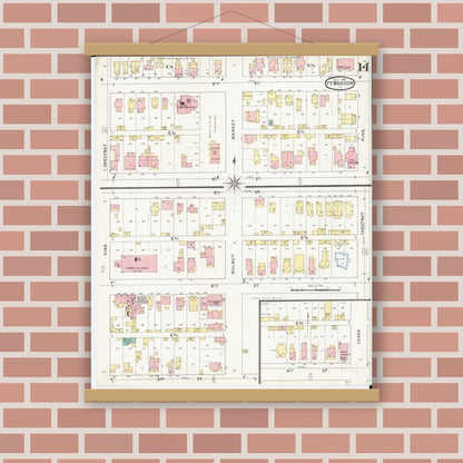 Old map wall art mockup — magnetic wood frame on brick wall — Sanborn Fire Insurance Map from Fort Madison, Lee County, Iowa (1894), Sheet #0014