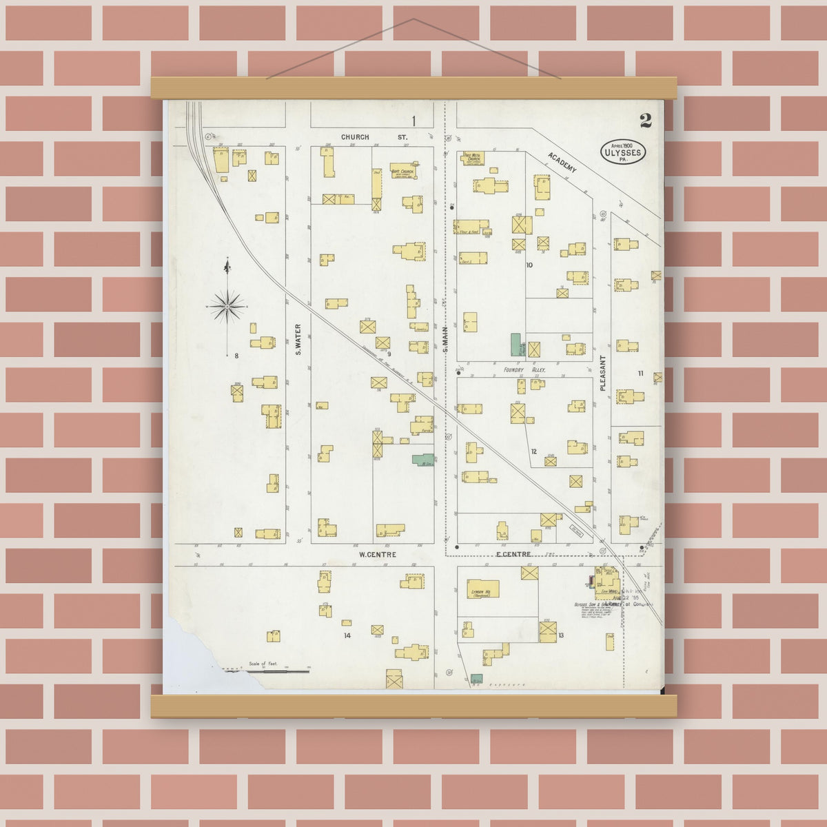 Old map wall art mockup — magnetic wood frame on brick wall — Sanborn Fire Insurance Map from Ulysses, Potter County, Pennsylvania (1900), Sheet #0002