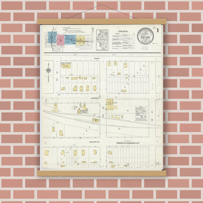 Old map wall art mockup — magnetic wood frame on brick wall — Sanborn Fire Insurance Map from Orion, Henry County, Illinois (1913) - Complete Map Set