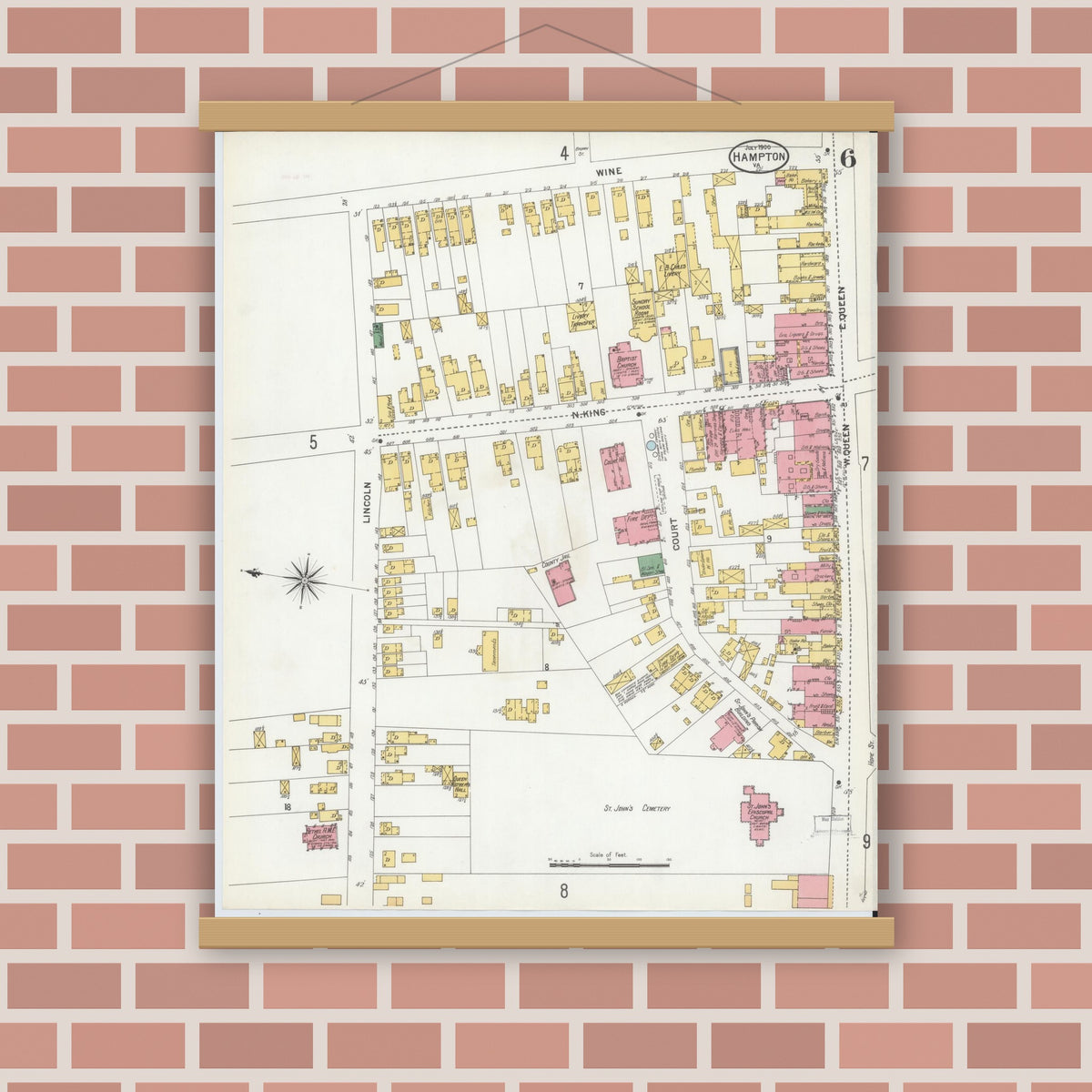 Old map wall art mockup — magnetic wood frame on brick wall — Sanborn Fire Insurance Map from Hampton, Independent Cities, Virginia (1900), Sheet #0006