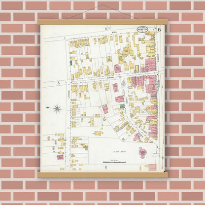 Old map wall art mockup — magnetic wood frame on brick wall — Sanborn Fire Insurance Map from Hampton, Independent Cities, Virginia (1900), Sheet #0006