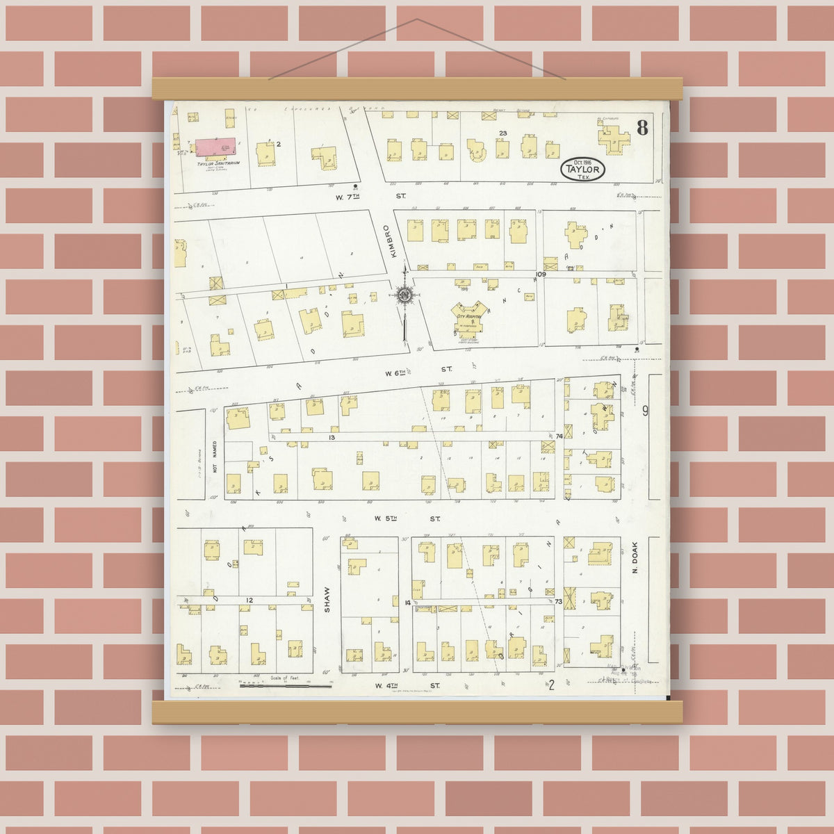 Old map wall art mockup — magnetic wood frame on brick wall — Sanborn Fire Insurance Map from Taylor, Williamson County, Texas (1916), Sheet #0008