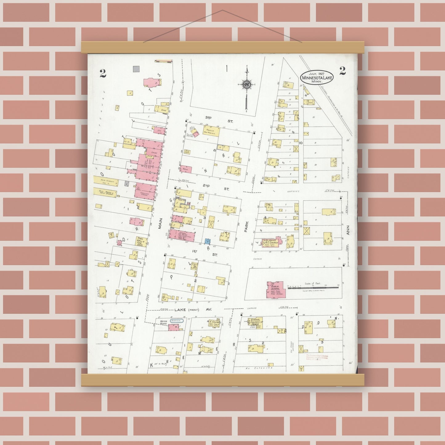 Old map wall art mockup — magnetic wood frame on brick wall — Sanborn Fire Insurance Map from Minnesota Lake, Faribault County, Minnesota (1927), Sheet #0002