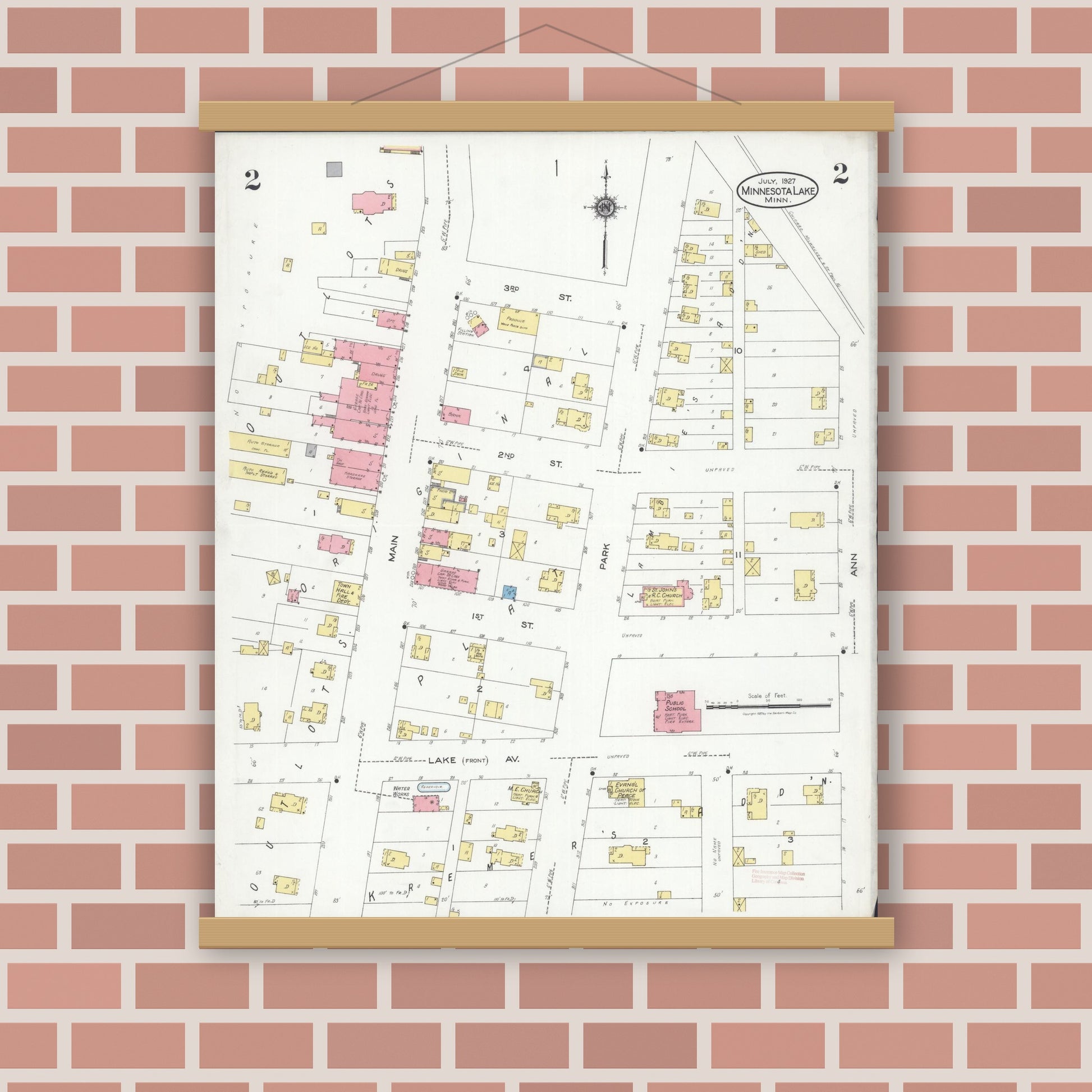Old map wall art mockup — magnetic wood frame on brick wall — Sanborn Fire Insurance Map from Minnesota Lake, Faribault County, Minnesota (1927), Sheet #0002