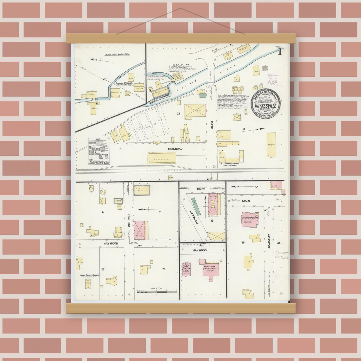 Old map wall art mockup — magnetic wood frame on brick wall — Sanborn Fire Insurance Map from Waynesville, Haywood County, North Carolina (1908), Sheet #0001