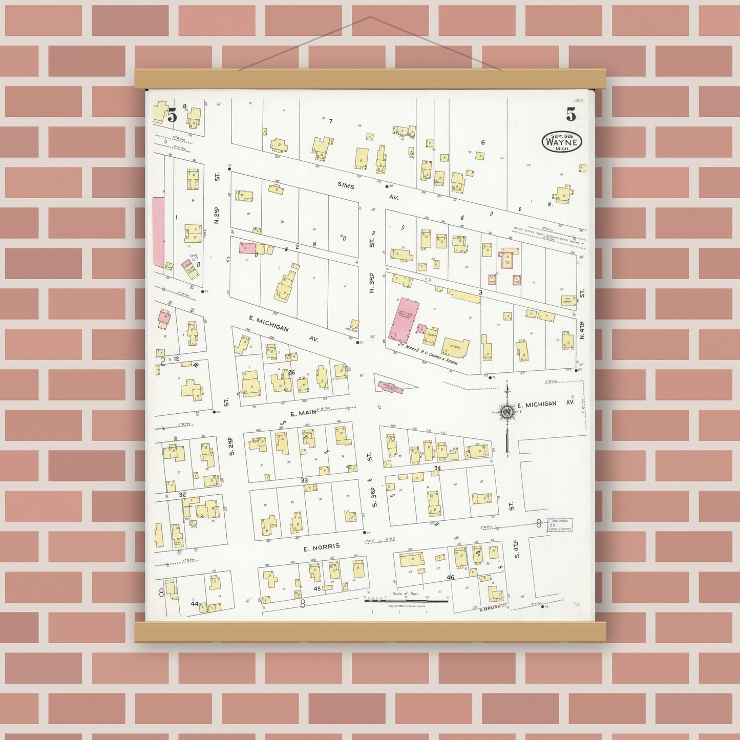 Old map wall art mockup — magnetic wood frame on brick wall — Sanborn Fire Insurance Map from Wayne, Wayne County, Michigan (1926), Sheet #0005