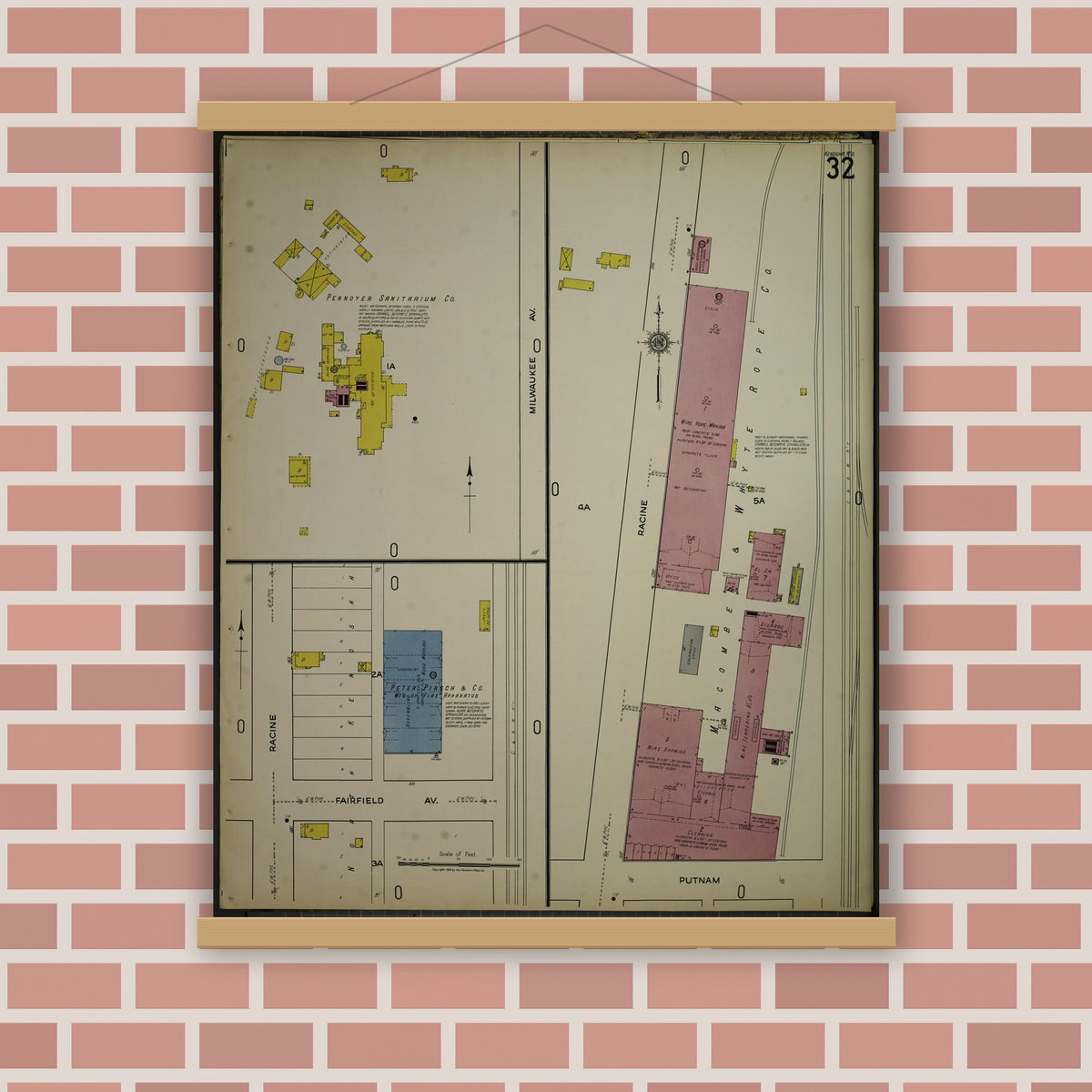Old map wall art mockup — magnetic wood frame on brick wall — Sanborn Fire Insurance Map from Kenosha, Kenosha County, Wisconsin. (1918), Sheet 36