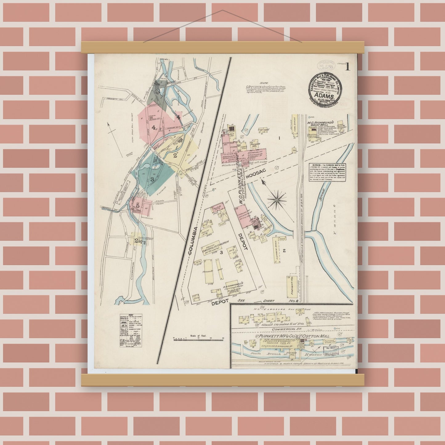 Old map wall art mockup — magnetic wood frame on brick wall — Sanborn Fire Insurance Map from Adams, Berkshire County, Massachusetts (1884), Sheet #0001