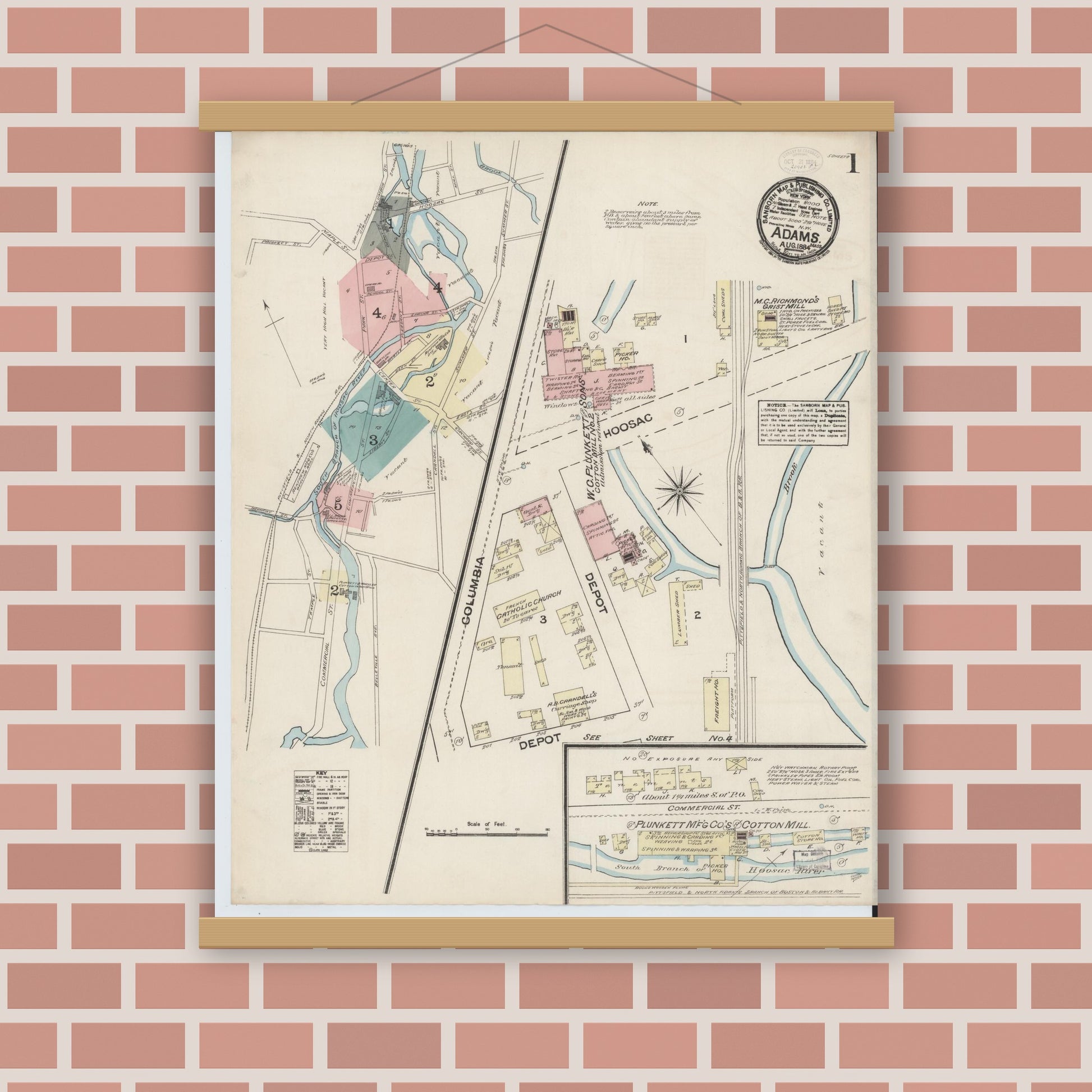 Old map wall art mockup — magnetic wood frame on brick wall — Sanborn Fire Insurance Map from Adams, Berkshire County, Massachusetts (1884), Sheet #0001
