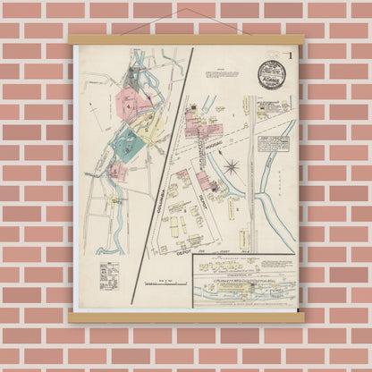 Old map wall art mockup — magnetic wood frame on brick wall — Sanborn Fire Insurance Map from Adams, Berkshire County, Massachusetts (1884), Sheet #0001