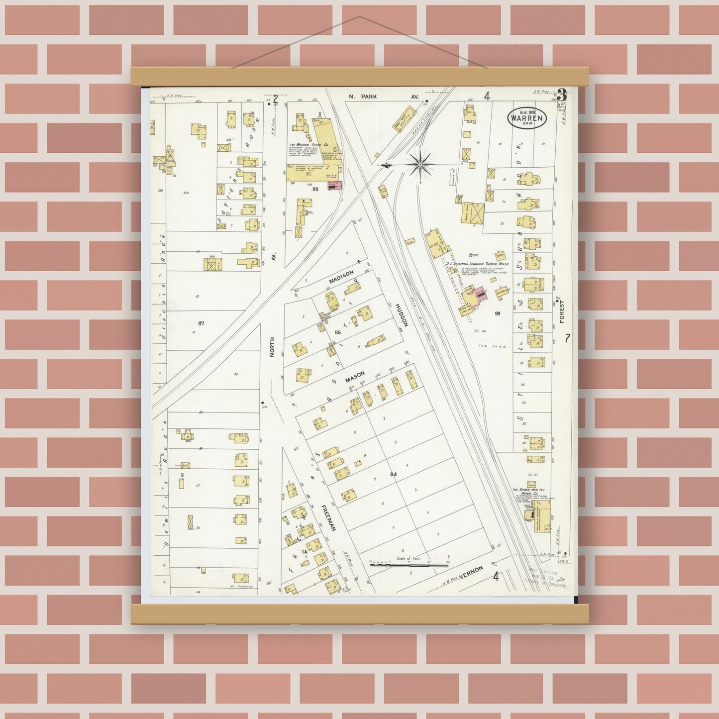Old map wall art mockup — magnetic wood frame on brick wall — Sanborn Fire Insurance Map from Warren, Trumbull County, Ohio (1908), Sheet #0003