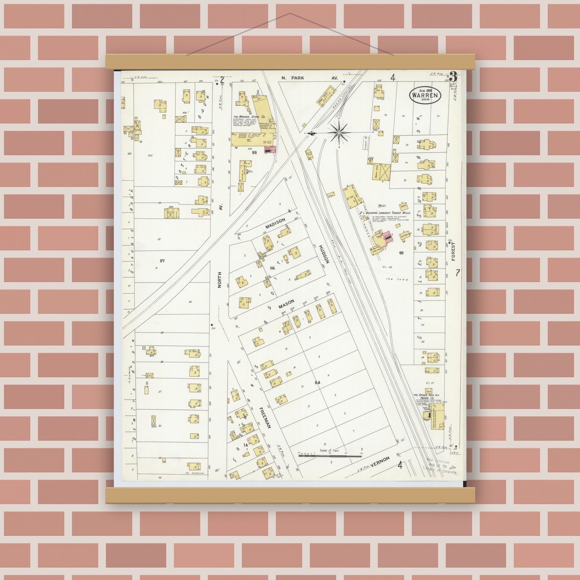 Old map wall art mockup — magnetic wood frame on brick wall — Sanborn Fire Insurance Map from Warren, Trumbull County, Ohio (1908), Sheet #0003