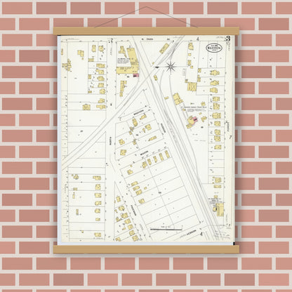 Old map wall art mockup — magnetic wood frame on brick wall — Sanborn Fire Insurance Map from Warren, Trumbull County, Ohio (1908), Sheet #0003