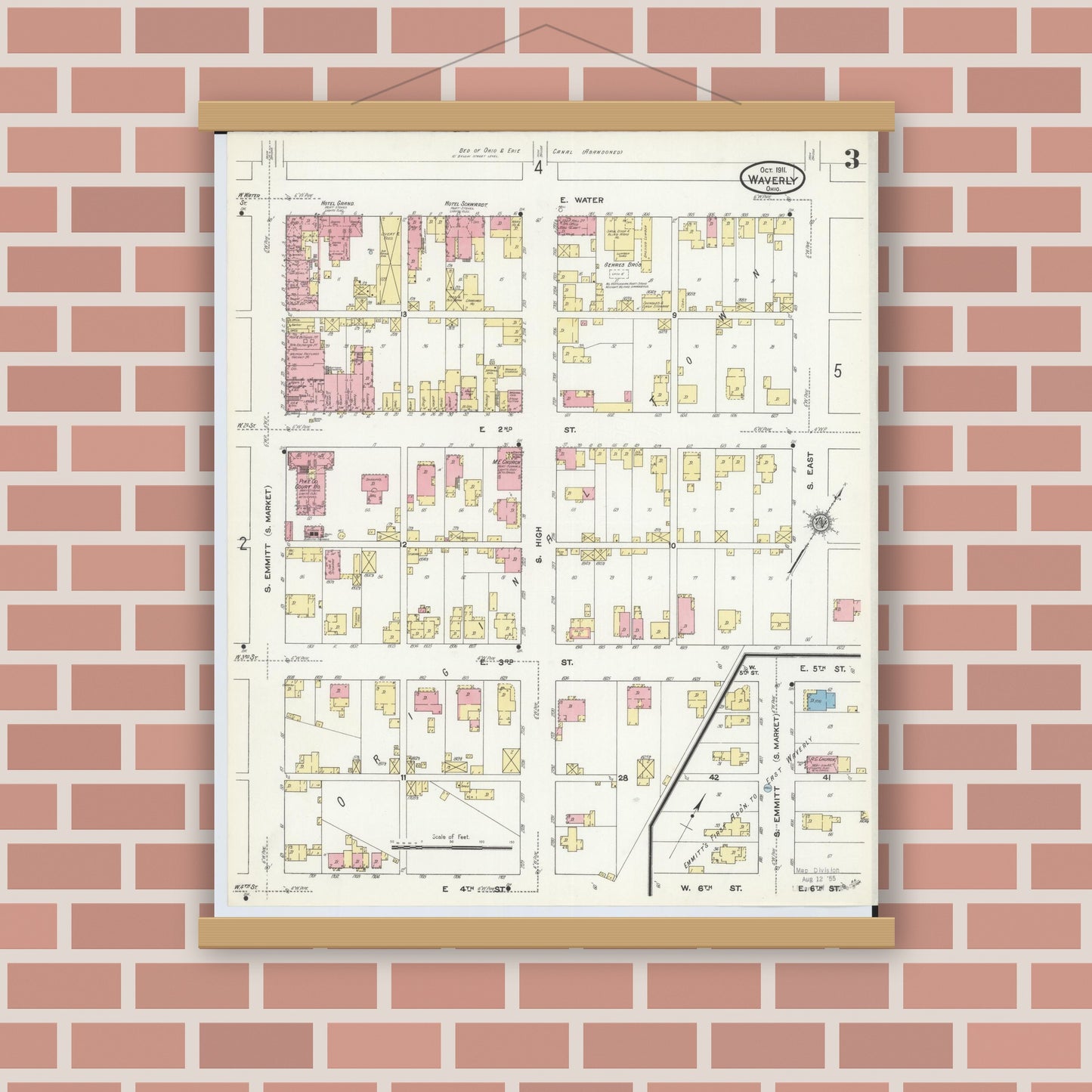 Old map wall art mockup — magnetic wood frame on brick wall — Sanborn Fire Insurance Map from Waverly, Pike County, Ohio (1911), Sheet #0003