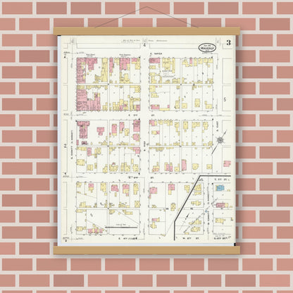 Old map wall art mockup — magnetic wood frame on brick wall — Sanborn Fire Insurance Map from Waverly, Pike County, Ohio (1911), Sheet #0003