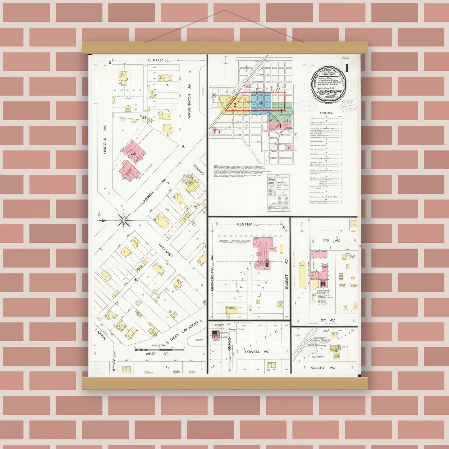 Old map wall art mockup — magnetic wood frame on brick wall — Sanborn Fire Insurance Map from Shenandoah, Page County, Iowa (1899) â€” Complete Set