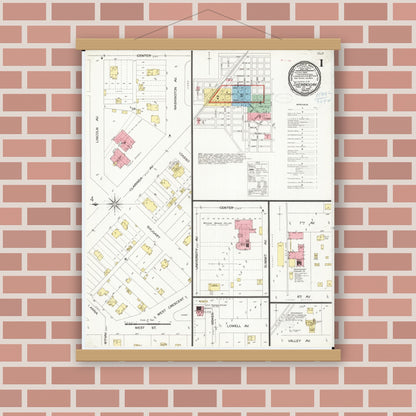 Old map wall art mockup — magnetic wood frame on brick wall — Sanborn Fire Insurance Map from Shenandoah, Page County, Iowa (1899) â€” Complete Set