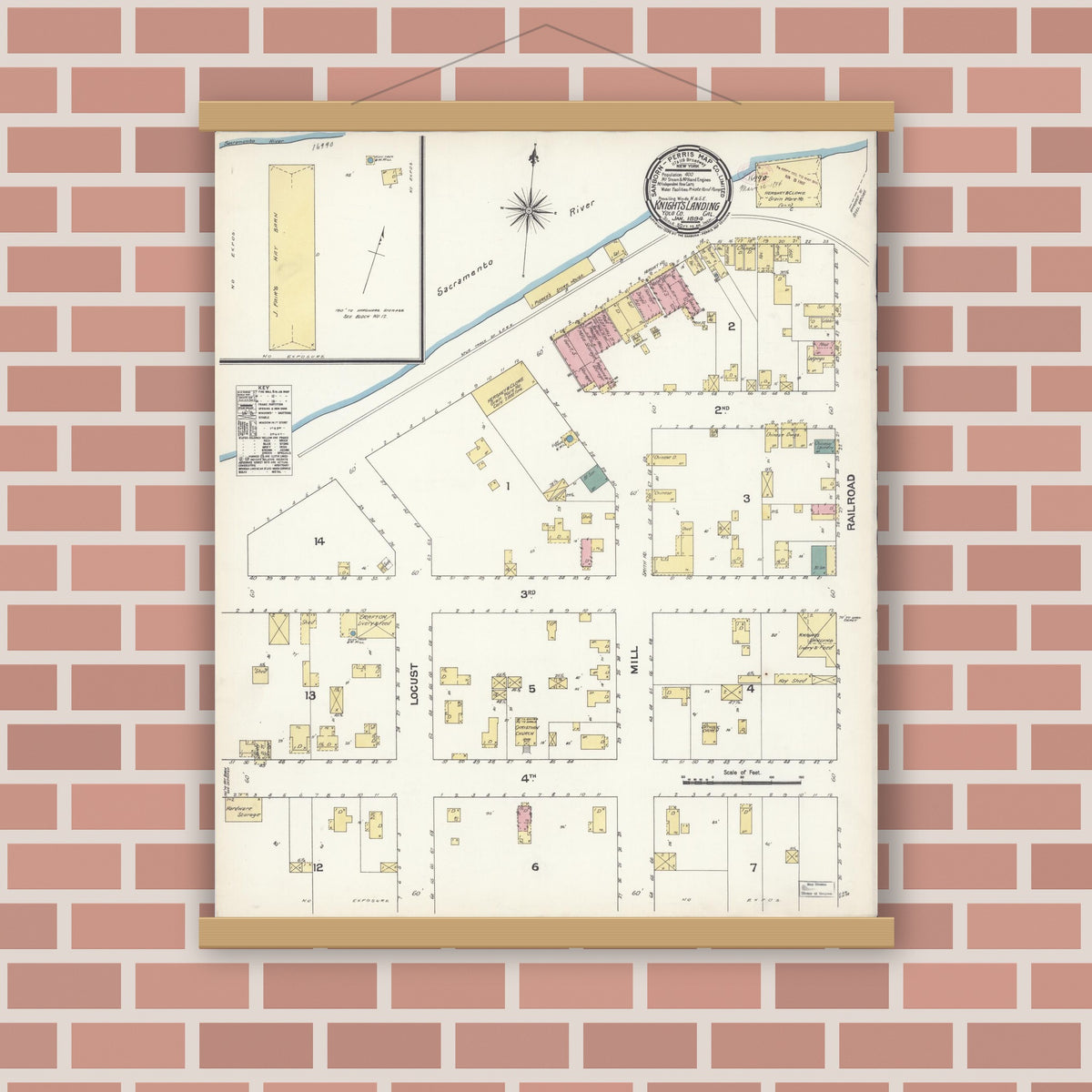 Old map wall art mockup — magnetic wood frame on brick wall — Sanborn Fire Insurance Map from Knights Landing, Yolo County, California (1894), Sheet #0001