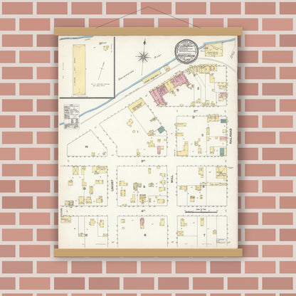 Old map wall art mockup — magnetic wood frame on brick wall — Sanborn Fire Insurance Map from Knights Landing, Yolo County, California (1894), Sheet #0001