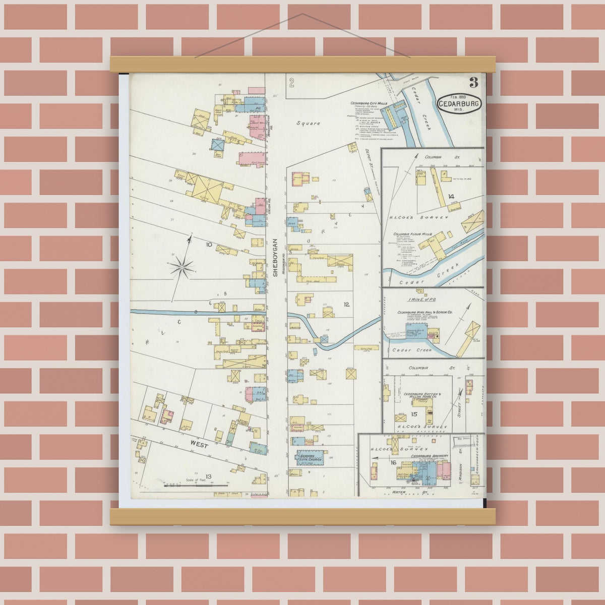 Old map wall art mockup — magnetic wood frame on brick wall — Sanborn Fire Insurance Map from Cedarburg, Ozaukee County, Wisconsin (1893), Sheet #0003