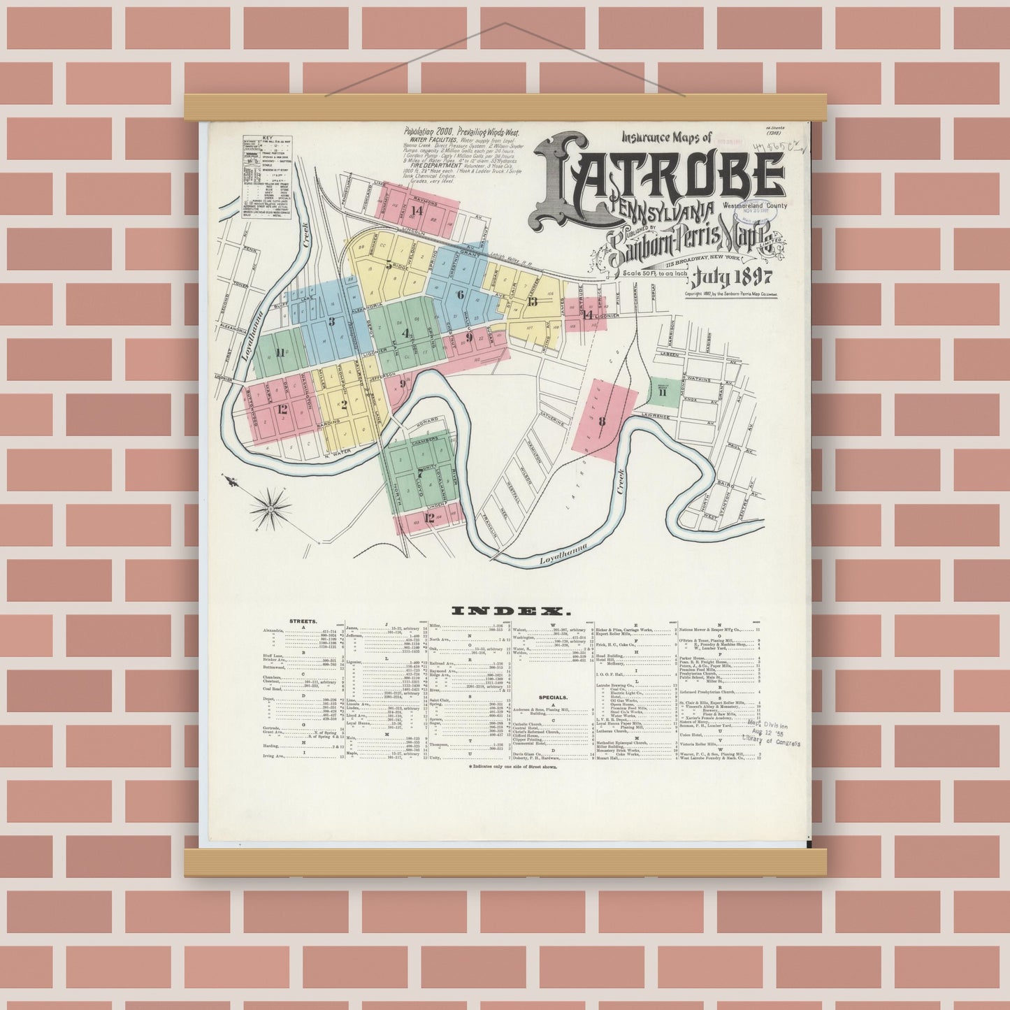 Old map wall art mockup — magnetic wood frame on brick wall — Sanborn Fire Insurance Map from Latrobe, Westmoreland County, Pennsylvania (1897) - Complete Map Set