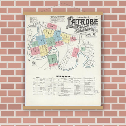 Old map wall art mockup — magnetic wood frame on brick wall — Sanborn Fire Insurance Map from Latrobe, Westmoreland County, Pennsylvania (1897) - Complete Map Set