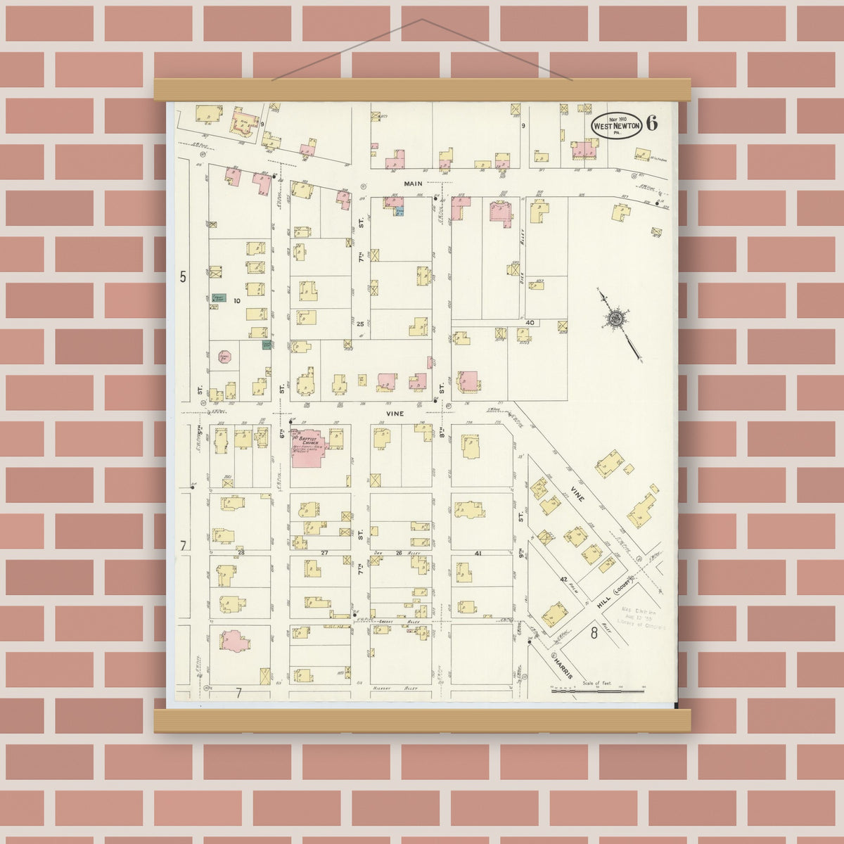 Old map wall art mockup — magnetic wood frame on brick wall — Sanborn Fire Insurance Map from West Newton, Westmoreland County, Pennsylvania (1910), Sheet #0006