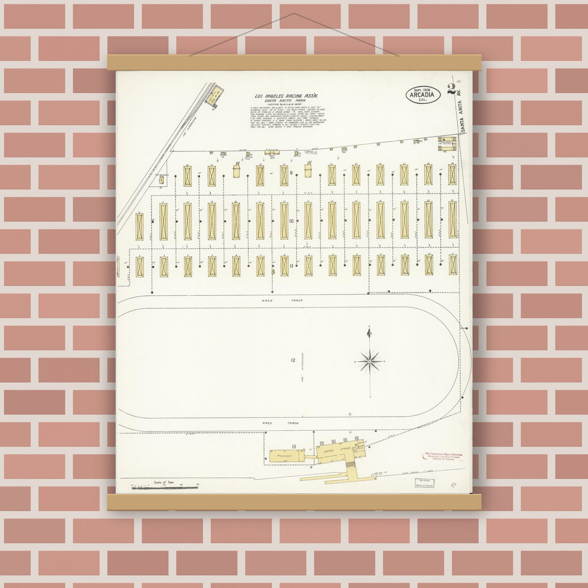 Old map wall art mockup — magnetic wood frame on brick wall — Sanborn Fire Insurance Map from Arcadia, Los Angeles County, California (1908), Sheet #0002