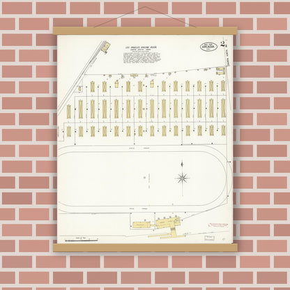 Old map wall art mockup — magnetic wood frame on brick wall — Sanborn Fire Insurance Map from Arcadia, Los Angeles County, California (1908), Sheet #0002