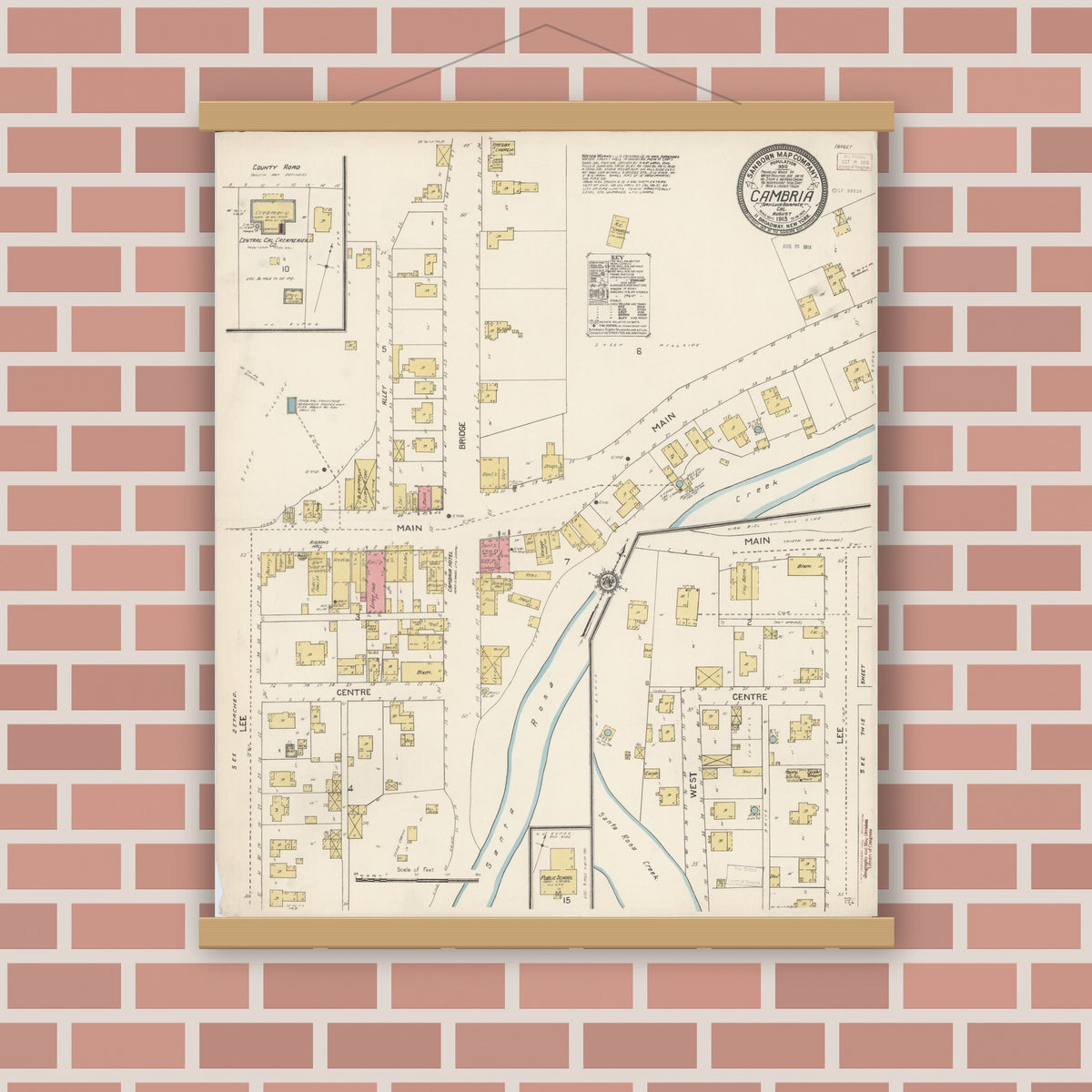 Old map wall art mockup — magnetic wood frame on brick wall — Sanborn Fire Insurance Map from Cambria, San Luis Obispo County, California (1913), Sheet #0001