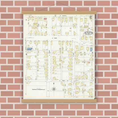 Old map wall art mockup — magnetic wood frame on brick wall — Sanborn Fire Insurance Map from Bloomington, Monroe County, Indiana (1907), Sheet #0017