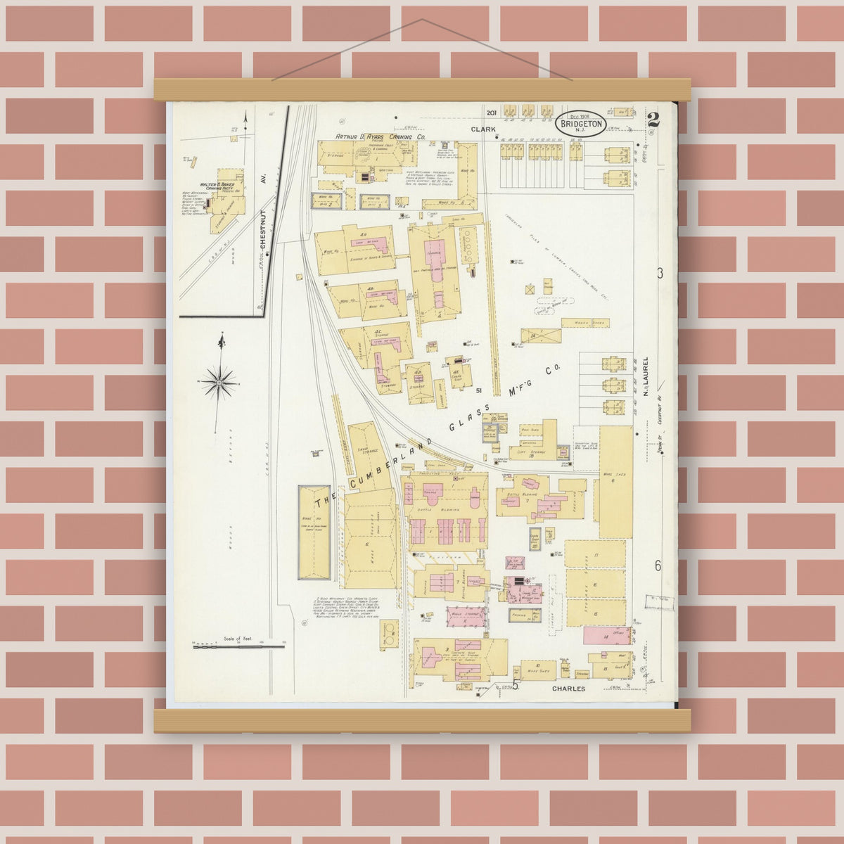 Old map wall art mockup — magnetic wood frame on brick wall — Sanborn Fire Insurance Map from Bridgeton, Cumberland County, New Jersey (1908), Sheet #0002