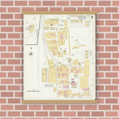 Old map wall art mockup — magnetic wood frame on brick wall — Sanborn Fire Insurance Map from Bridgeton, Cumberland County, New Jersey (1908), Sheet #0002
