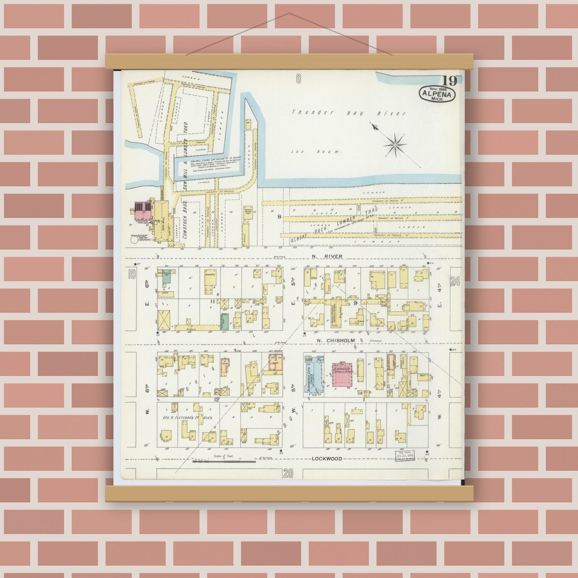 Old map wall art mockup — magnetic wood frame on brick wall — Sanborn Fire Insurance Map from Alpena, Alpena County, Michigan (1895), Sheet #0019