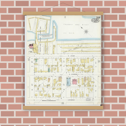 Old map wall art mockup — magnetic wood frame on brick wall — Sanborn Fire Insurance Map from Alpena, Alpena County, Michigan (1895), Sheet #0019