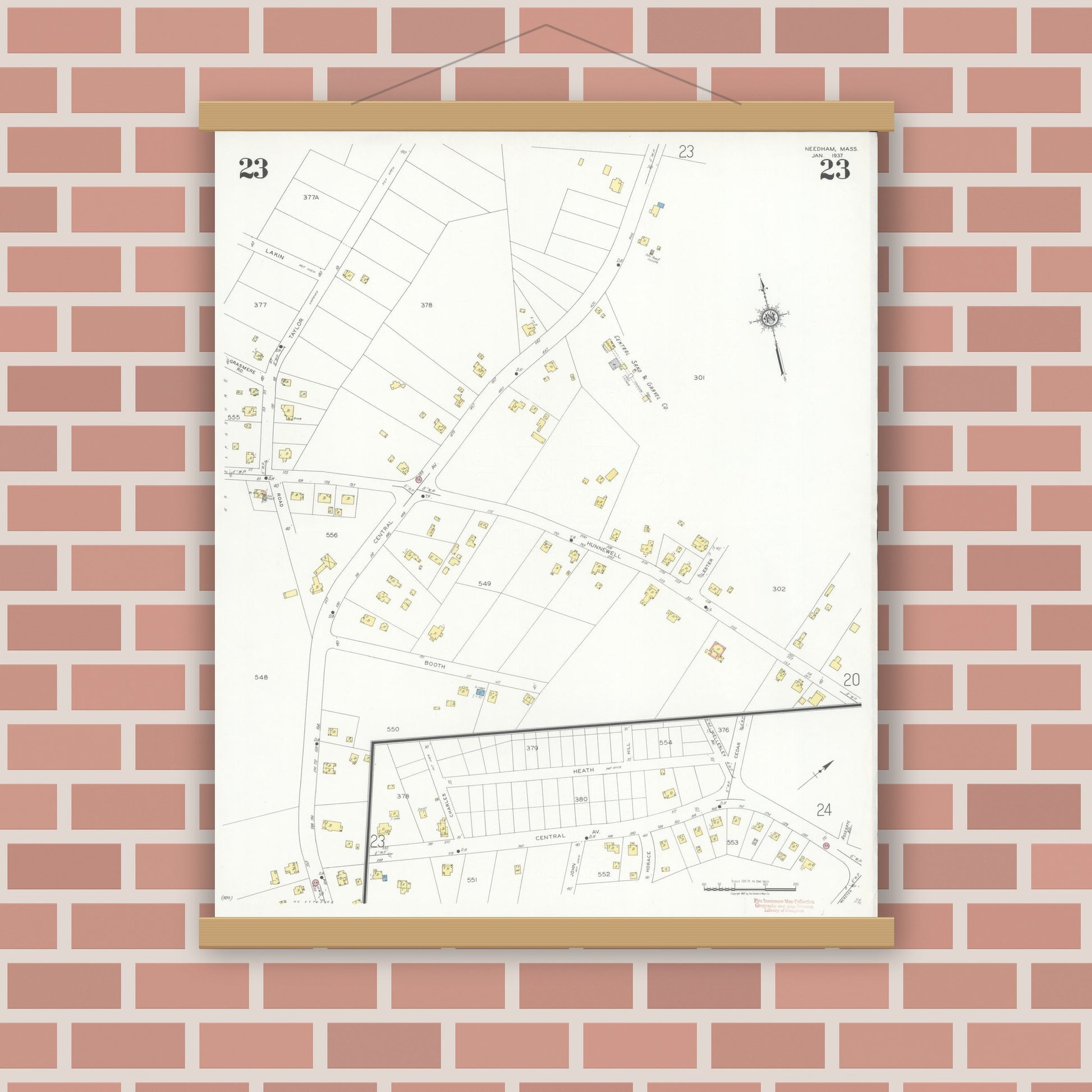 Old map wall art mockup — magnetic wood frame on brick wall — Sanborn Fire Insurance Map from Needham, Norfolk County, Massachusetts (1937), Sheet #0023