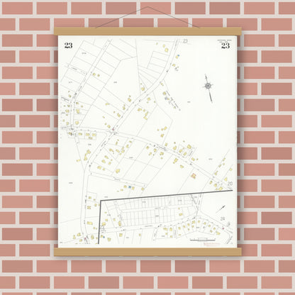 Old map wall art mockup — magnetic wood frame on brick wall — Sanborn Fire Insurance Map from Needham, Norfolk County, Massachusetts (1937), Sheet #0023