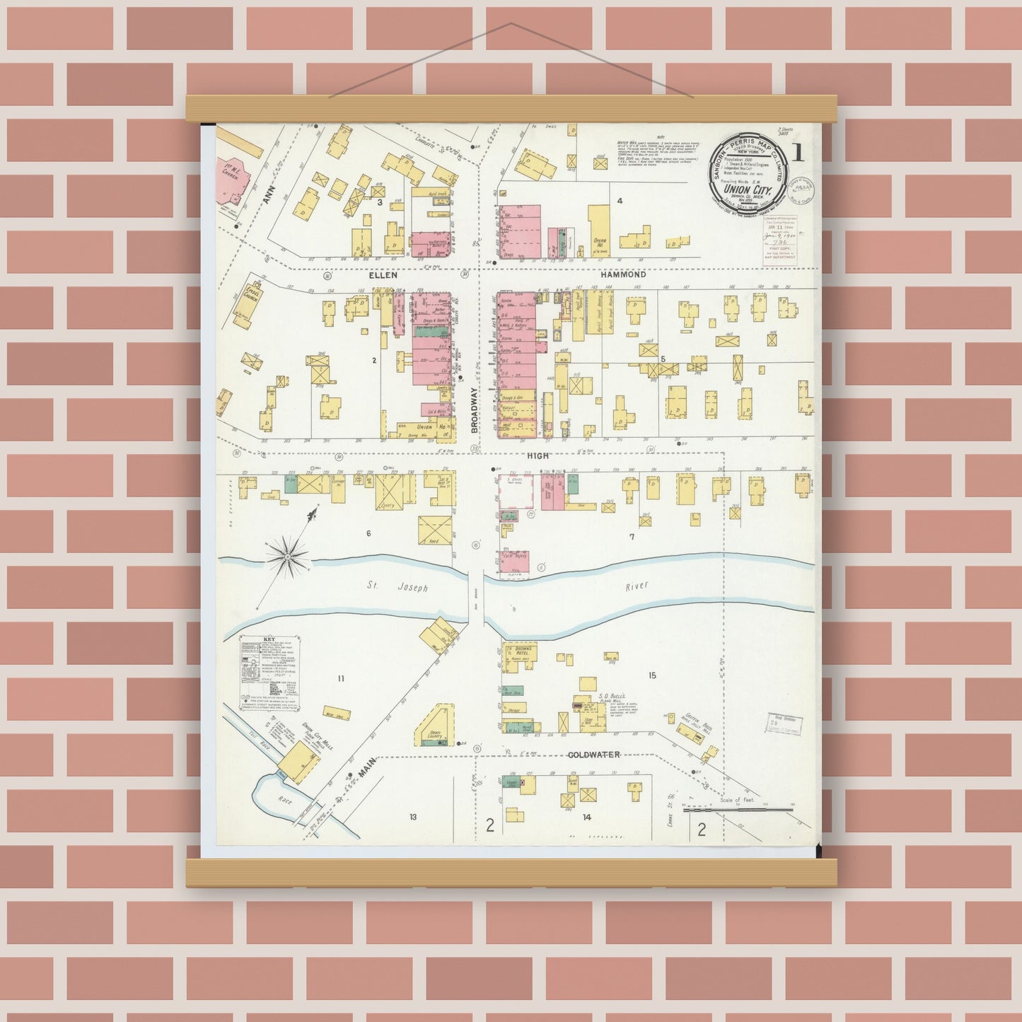 Old map wall art mockup — magnetic wood frame on brick wall — Sanborn Fire Insurance Map from Union City, Branch And Calhoun Counties, Michigan (1899) - Complete Map Set