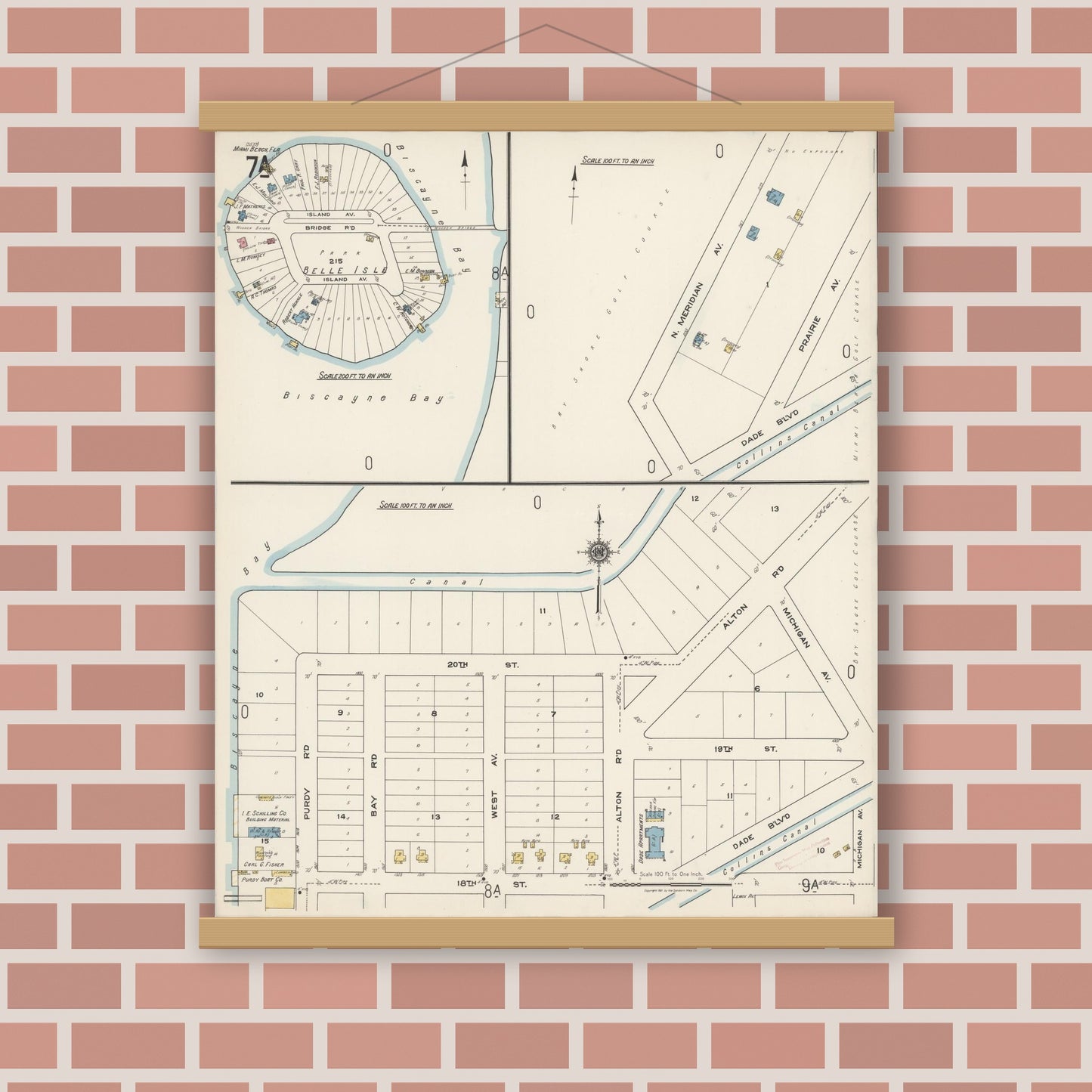 Old map wall art mockup — magnetic wood frame on brick wall — Sanborn Fire Insurance Map from Miami Beach, Dade County, Florida (1921), Sheet #0007