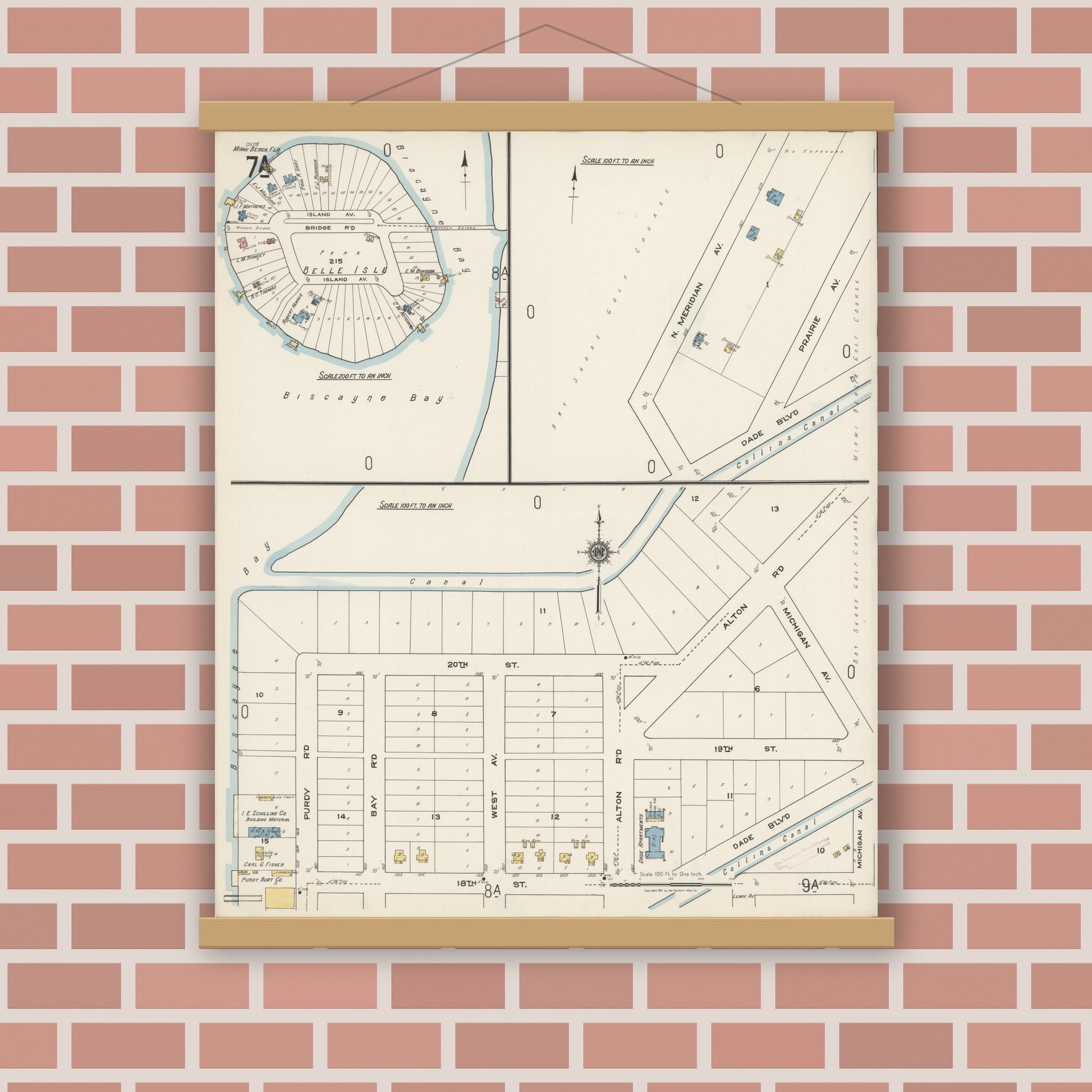 Old map wall art mockup — magnetic wood frame on brick wall — Sanborn Fire Insurance Map from Miami Beach, Dade County, Florida (1921), Sheet #0007