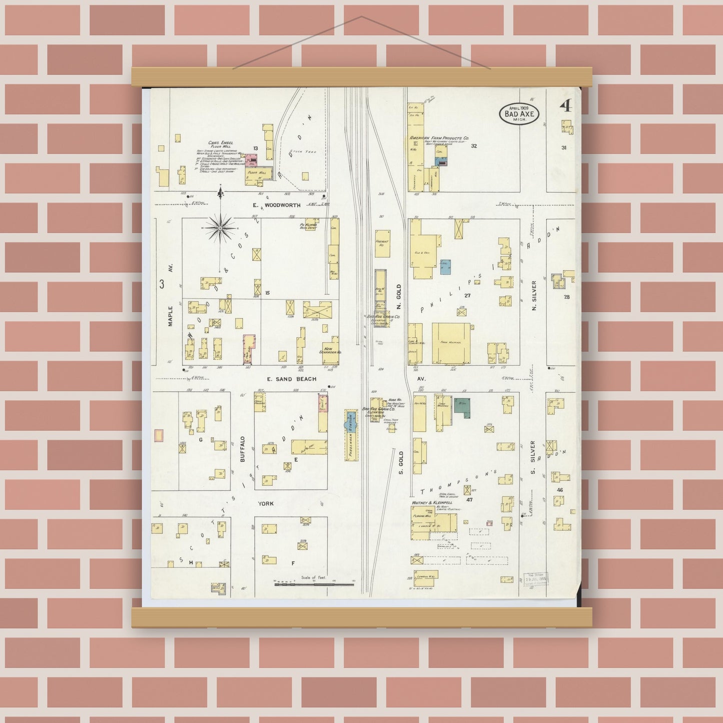 Old map wall art mockup — magnetic wood frame on brick wall — Sanborn Fire Insurance Map from Bad Axe, Huron County, Michigan (1909), Sheet #0004