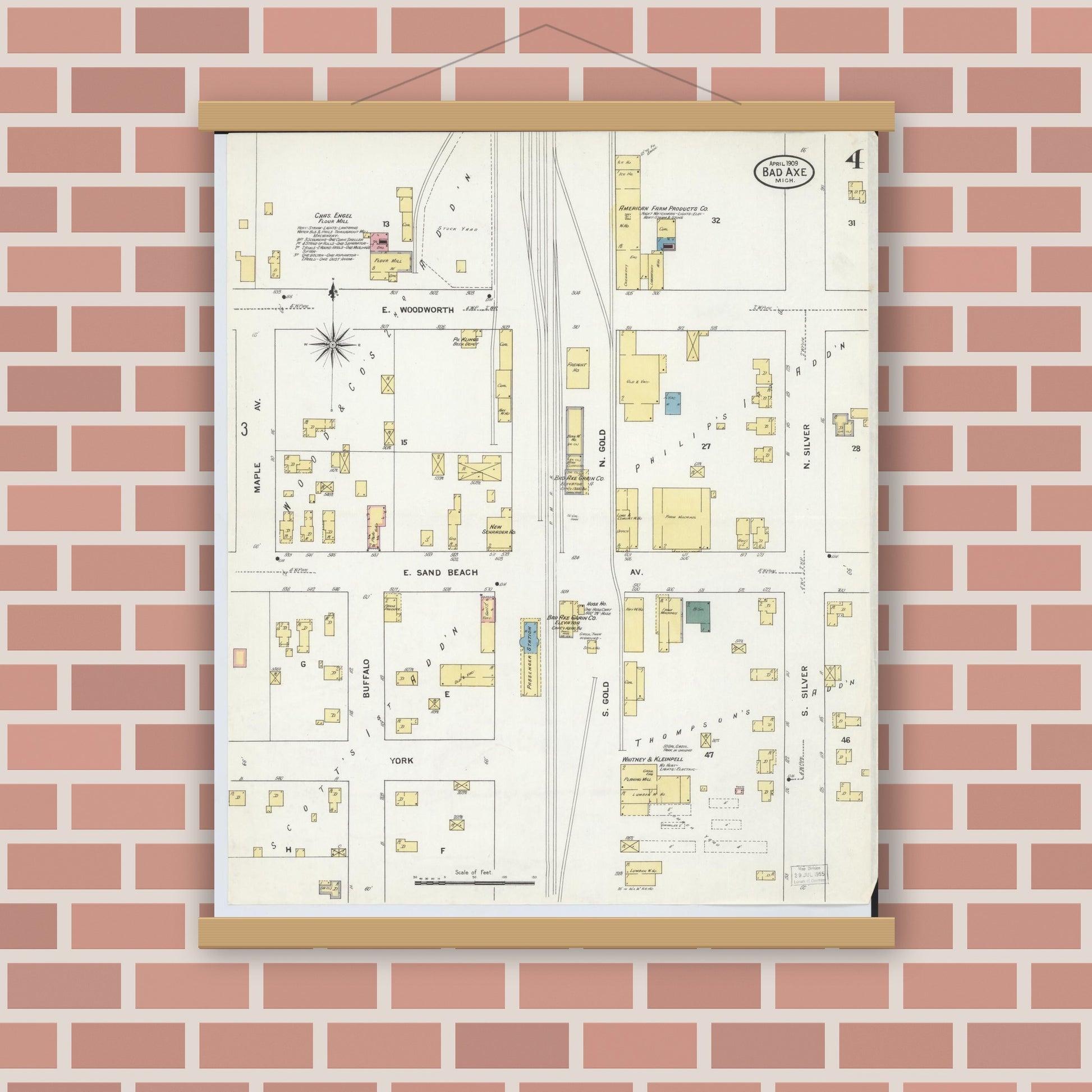 Old map wall art mockup — magnetic wood frame on brick wall — Sanborn Fire Insurance Map from Bad Axe, Huron County, Michigan (1909), Sheet #0004