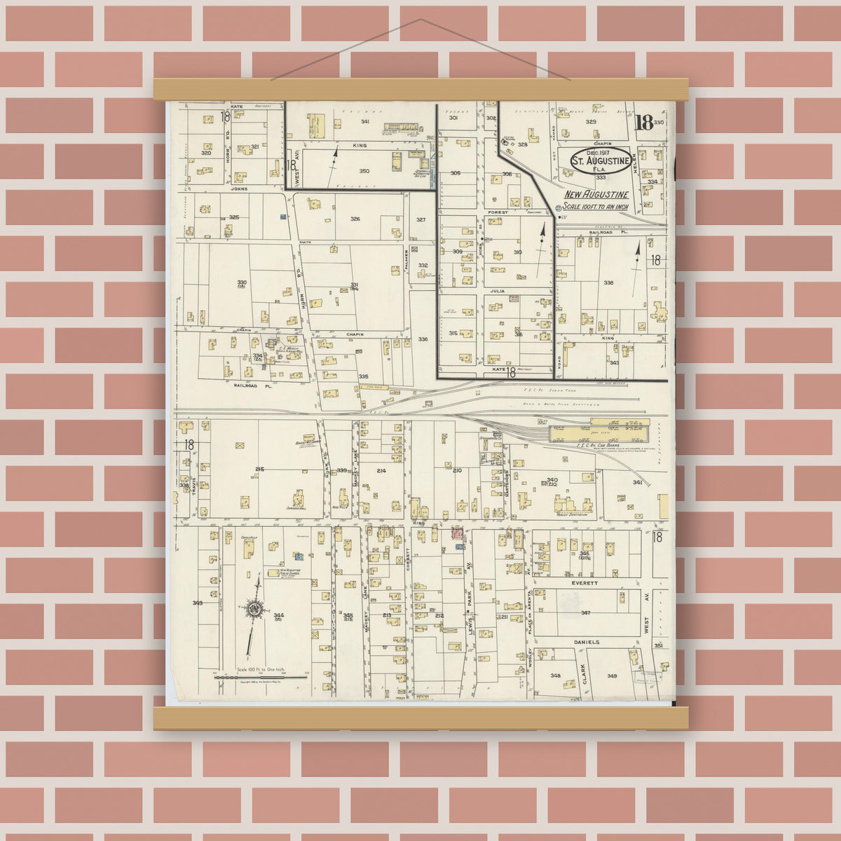 Old map wall art mockup — magnetic wood frame on brick wall — Sanborn Fire Insurance Map from Saint Augustine, Saint John's County, Florida (1917), Sheet #0018