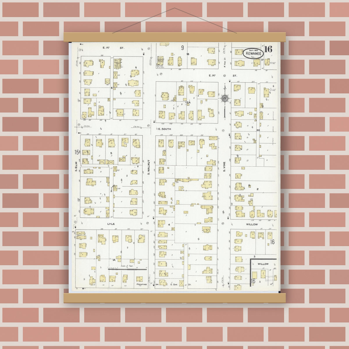 Old map wall art mockup — magnetic wood frame on brick wall — Sanborn Fire Insurance Map from Kewanee, Henry County, Illinois (1910), Sheet #0016