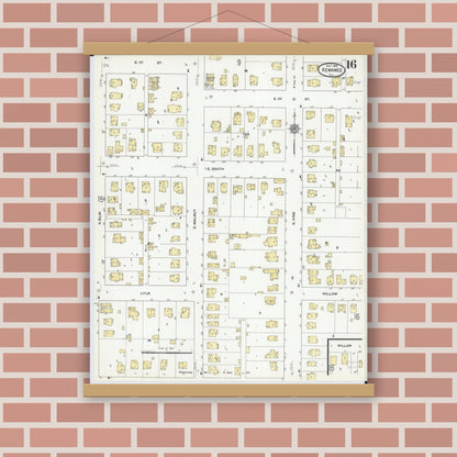 Old map wall art mockup — magnetic wood frame on brick wall — Sanborn Fire Insurance Map from Kewanee, Henry County, Illinois (1910), Sheet #0016