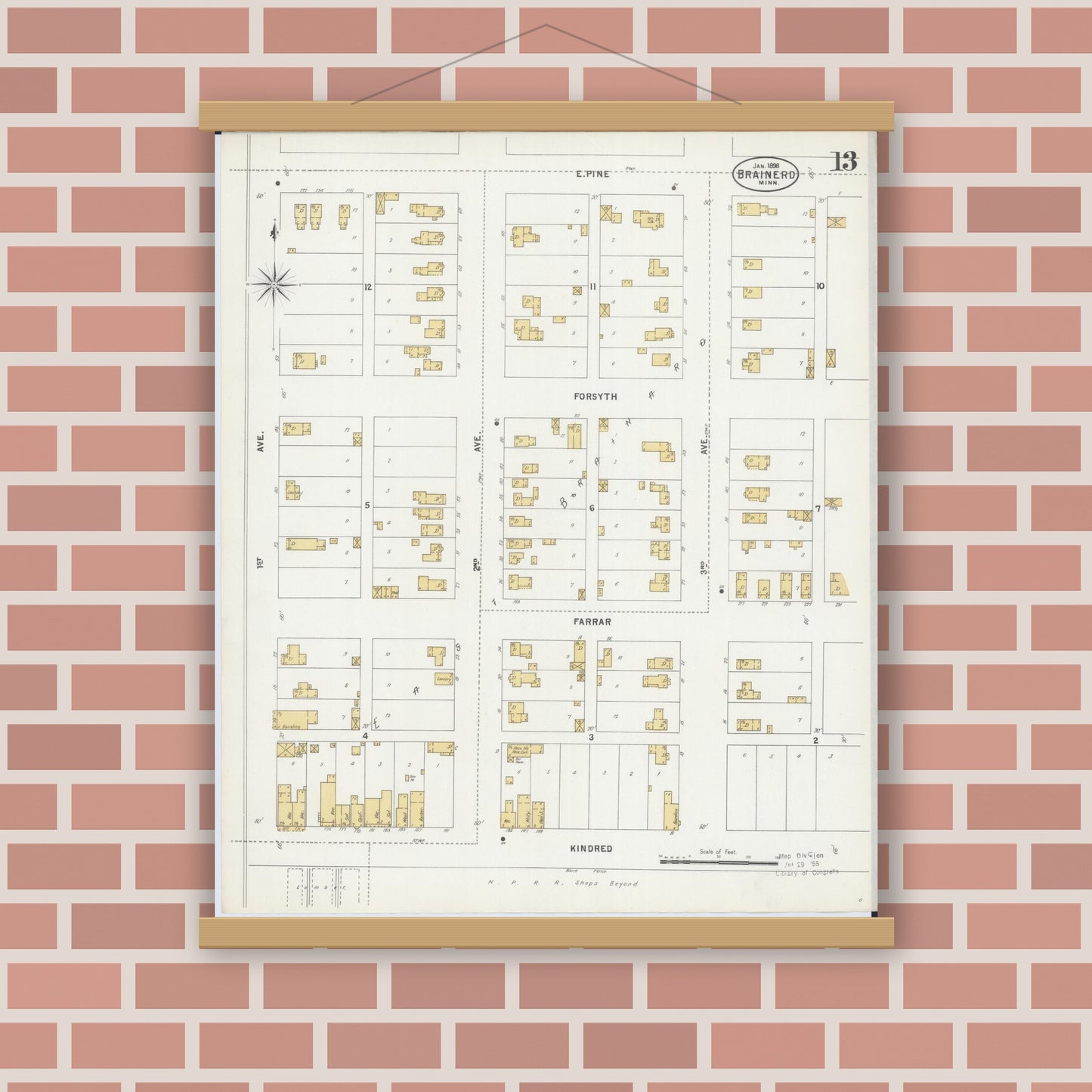 Old map wall art mockup — magnetic wood frame on brick wall — Sanborn Fire Insurance Map from Brainerd, Crow Wing County, Minnesota (1898), Sheet #0013